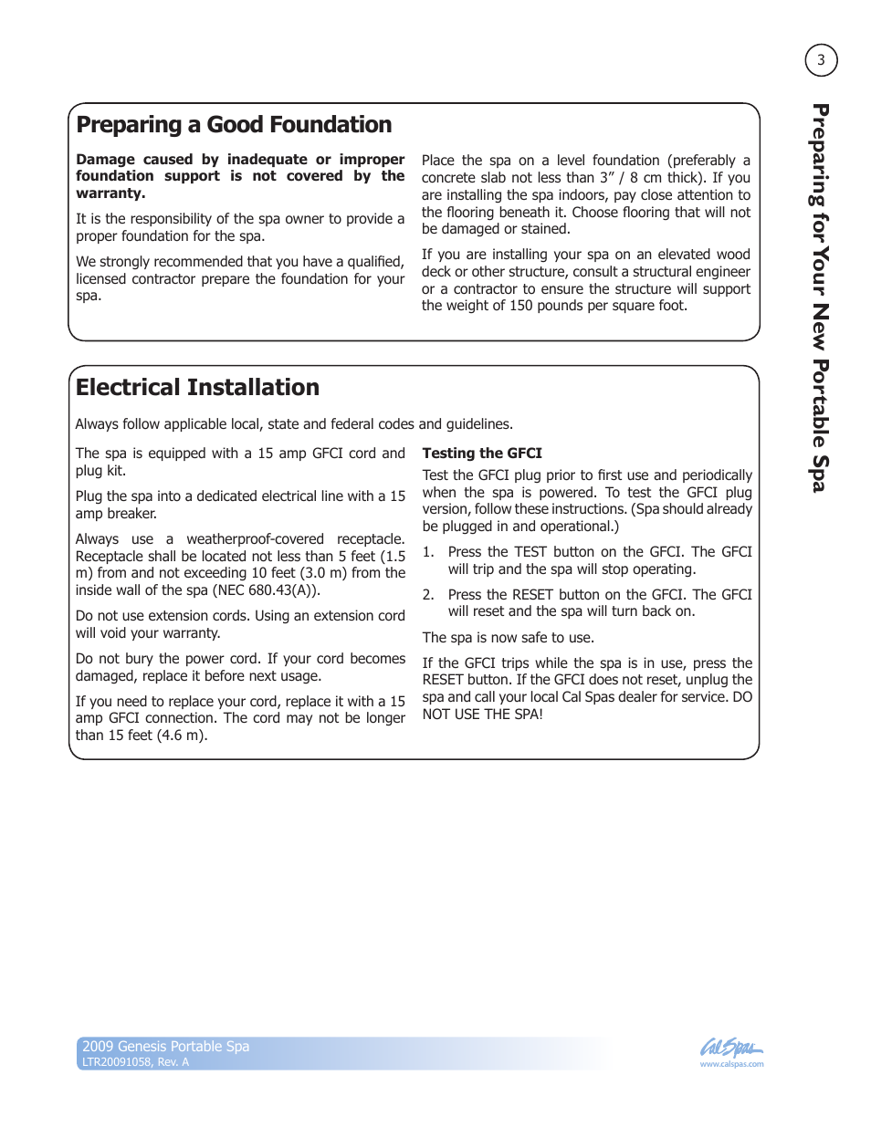 Preparing a good foundation, Electrical installation, Pr eparing f or your ne w p or tab le spa | Cal Spas Genesis Portable Spa User Manual | Page 5 / 28