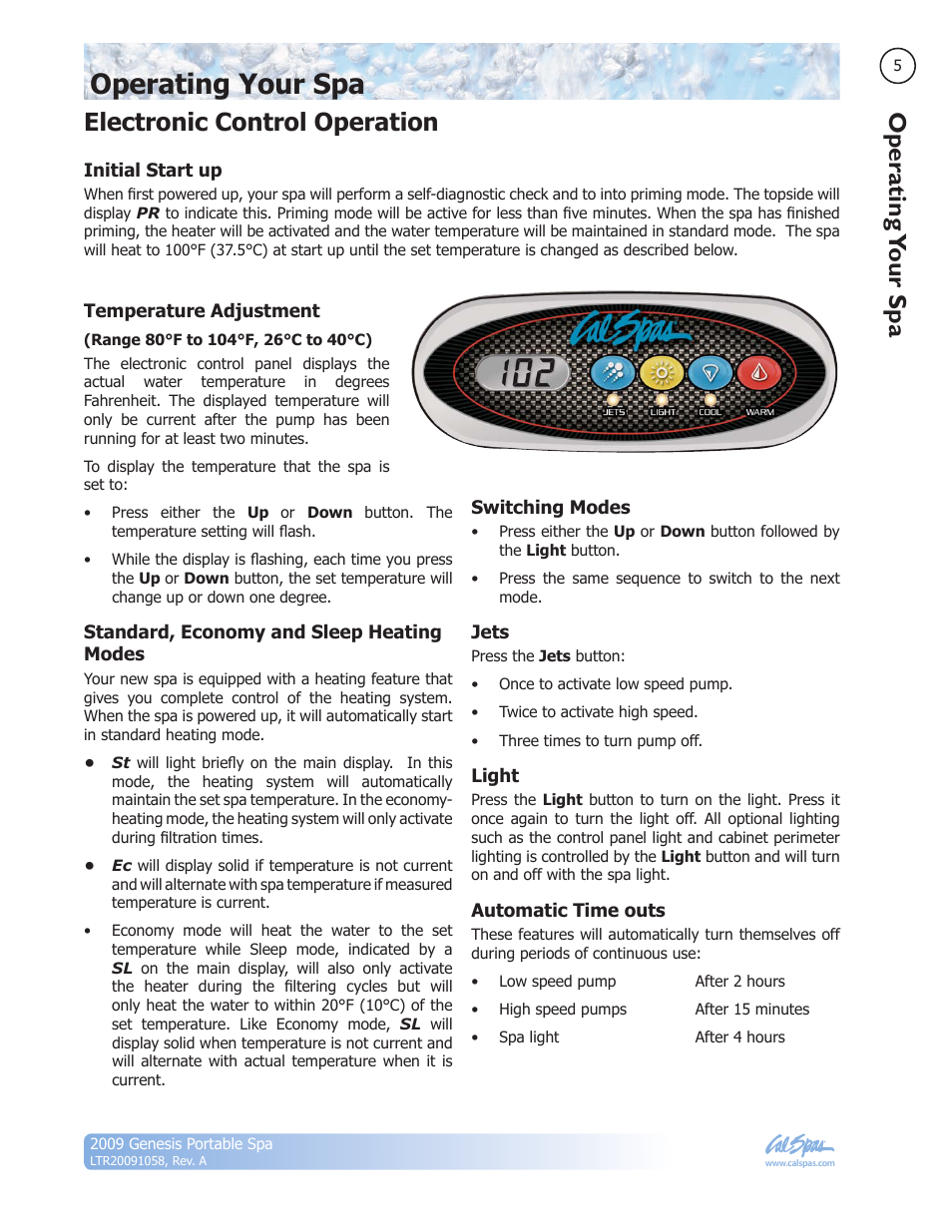 Operating your spa, Electronic control operation | Cal Spas Genesis Portable Spa User Manual | Page 7 / 28