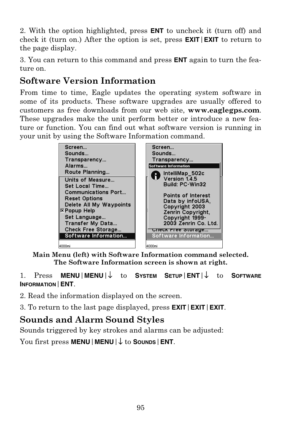 Software version information, Sounds and alarm sound styles | Eagle Electronics 502C User Manual | Page 101 / 136