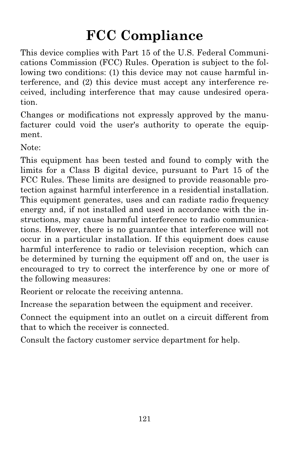 Fcc compliance | Eagle Electronics 502C User Manual | Page 127 / 136