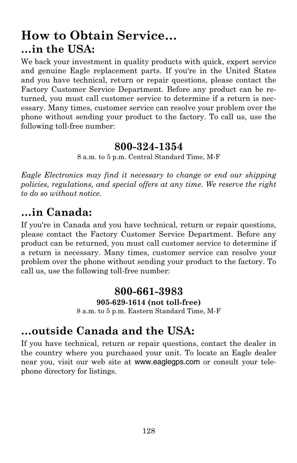 How to obtain service, Outside canada and the usa | Eagle Electronics 502C User Manual | Page 134 / 136