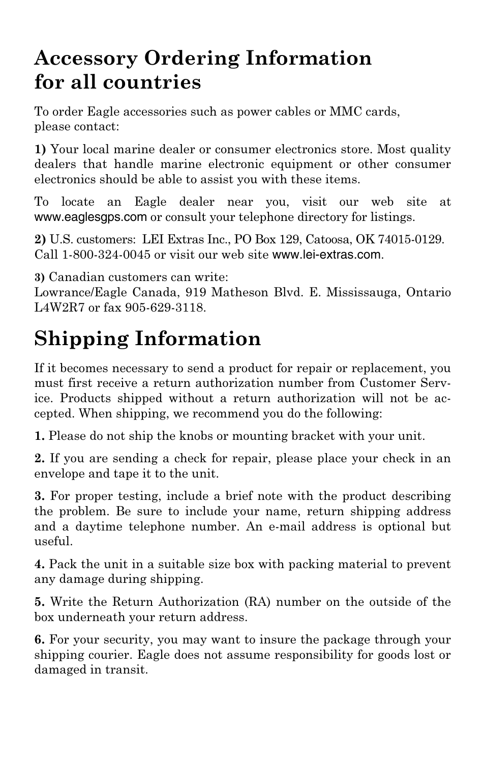 Accessory ordering information for all countries, Shipping information | Eagle Electronics 502C User Manual | Page 135 / 136