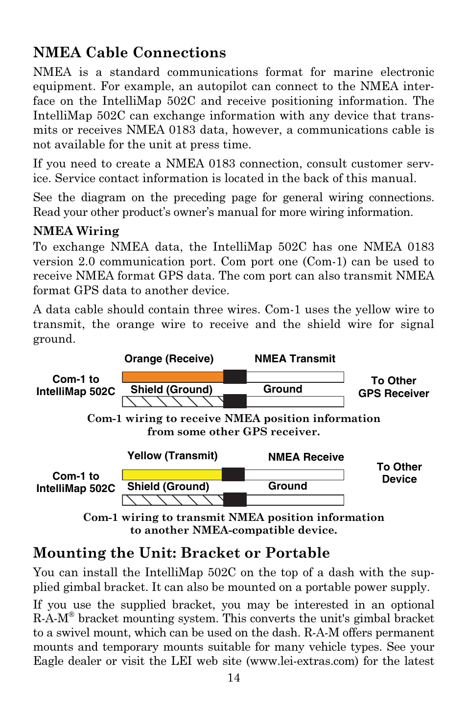 Nmea cable connections, Mounting the unit: bracket or portable | Eagle Electronics 502C User Manual | Page 20 / 136