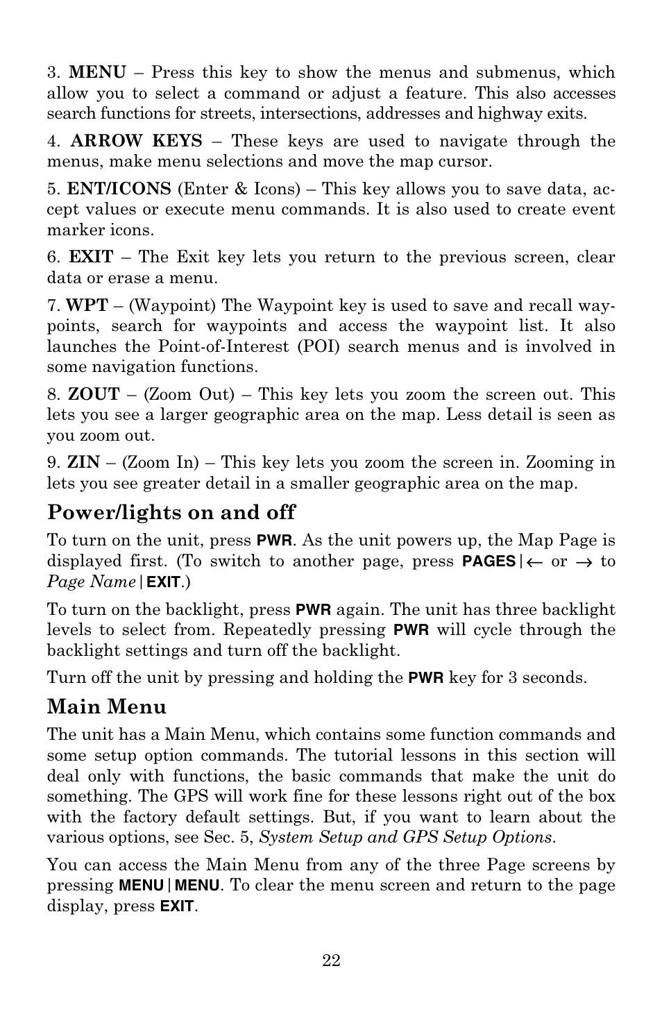 Power/lights on and off, Main menu | Eagle Electronics 502C User Manual | Page 28 / 136