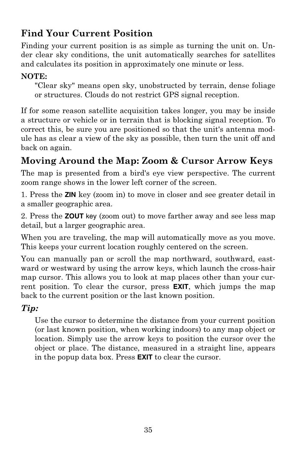 Find your current position, Moving around the map: zoom & cursor arrow keys | Eagle Electronics 502C User Manual | Page 41 / 136