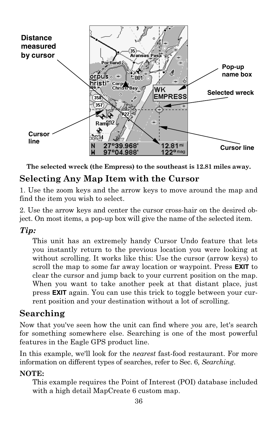 Selecting any map item with the cursor, Searching | Eagle Electronics 502C User Manual | Page 42 / 136