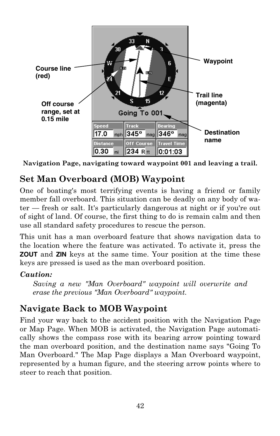 Set man overboard (mob) waypoint, Navigate back to mob waypoint | Eagle Electronics 502C User Manual | Page 48 / 136