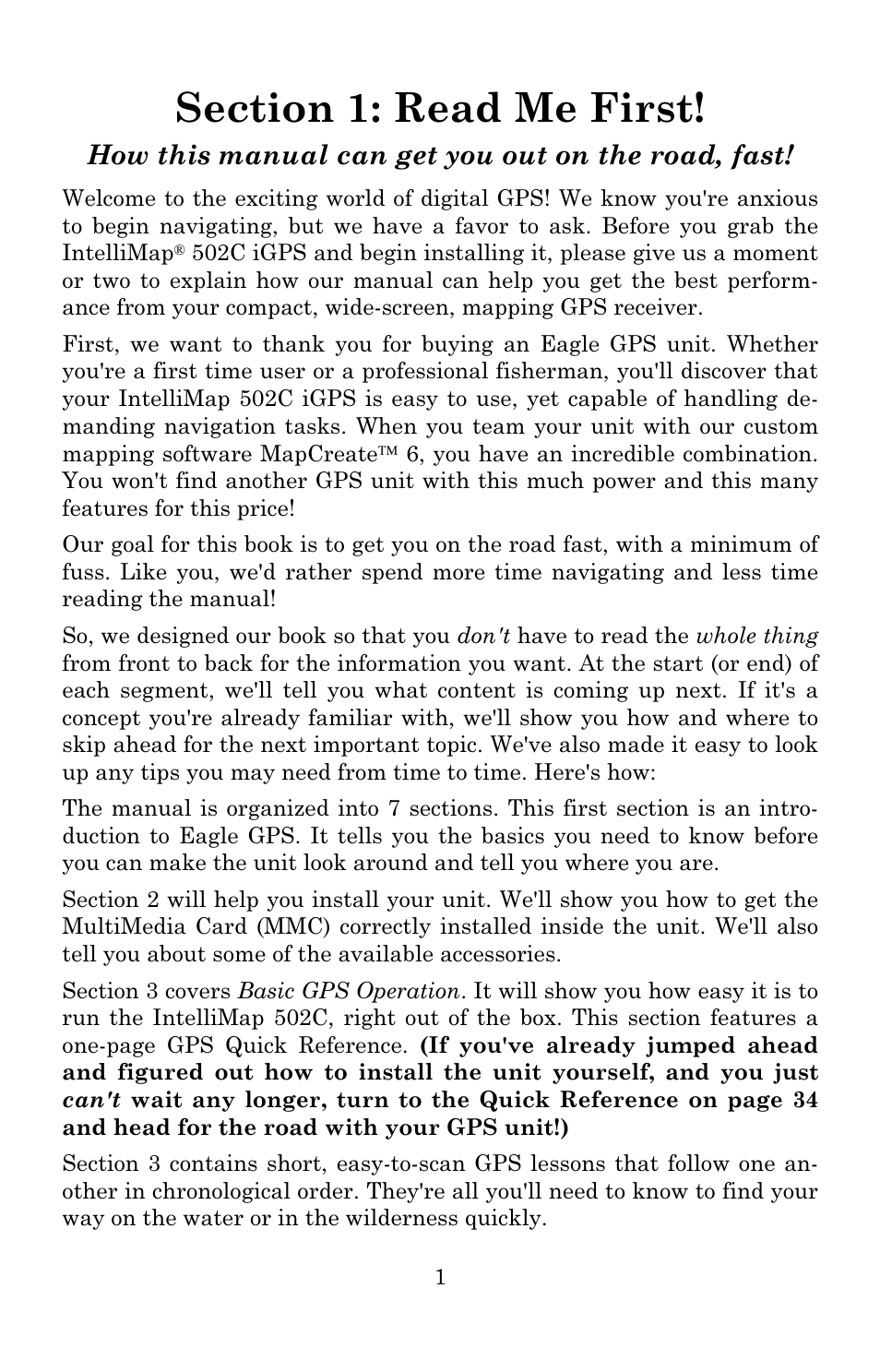 How this manual can get you out on the road, fast | Eagle Electronics 502C User Manual | Page 7 / 136