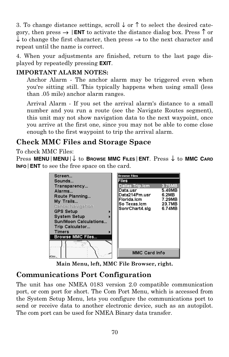 Check mmc files and storage space, Communications port configuration | Eagle Electronics 502C User Manual | Page 76 / 136