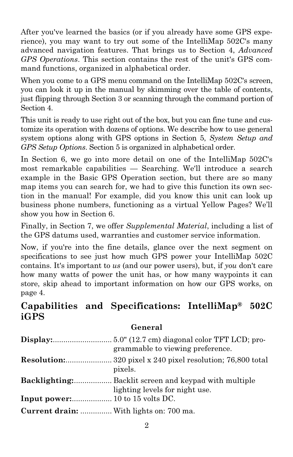 Capabilities and specifications: intellimap, 502c igps | Eagle Electronics 502C User Manual | Page 8 / 136