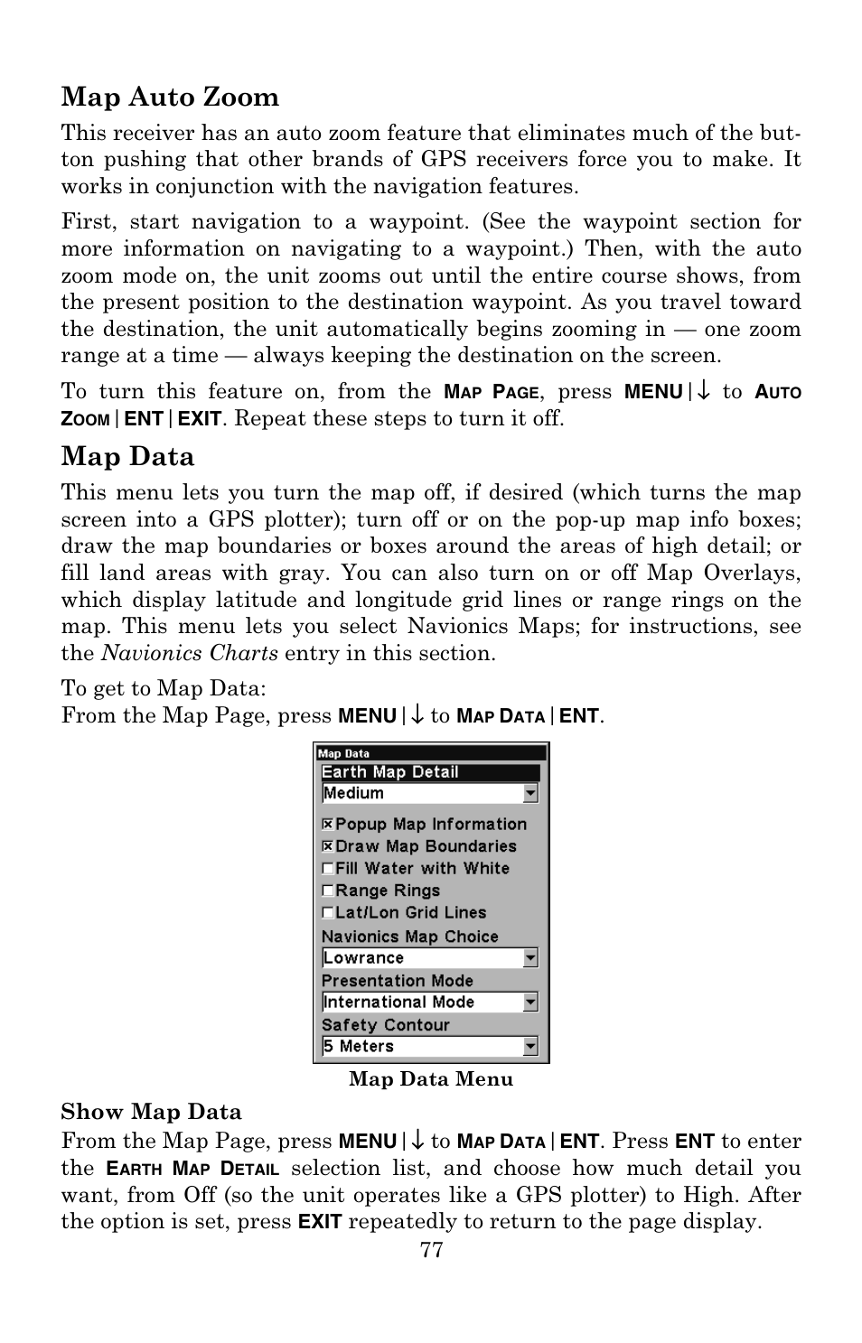 Map auto zoom, Map data | Eagle Electronics 502C User Manual | Page 83 / 136