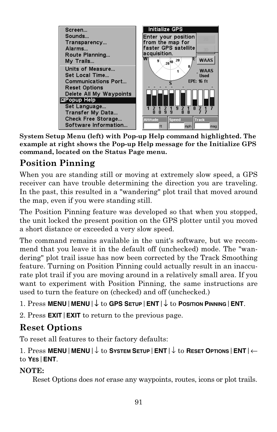 Position pinning, Reset options | Eagle Electronics 502C User Manual | Page 97 / 136