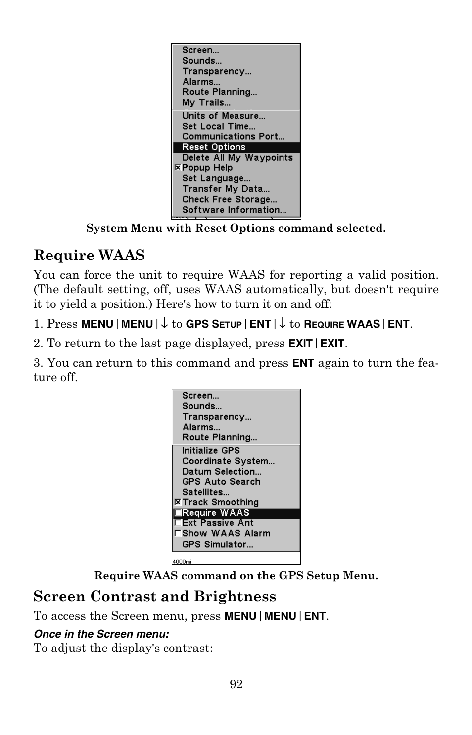 Require waas, Screen contrast and brightness | Eagle Electronics 502C User Manual | Page 98 / 136