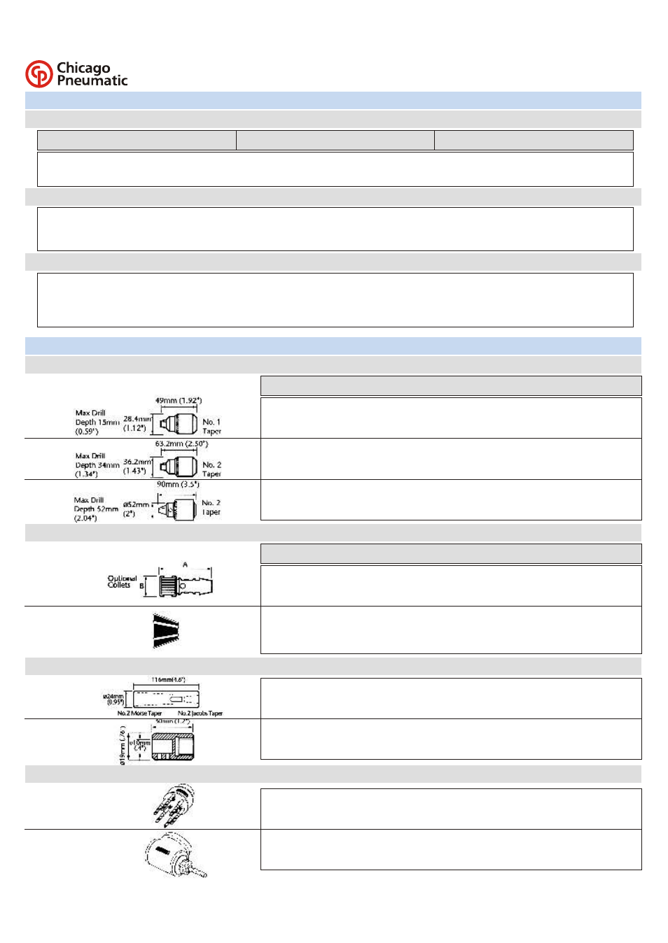 Drilling chucks chucks, Tapping chucks, Drill bit/ cutter adaptor | Multiple spindle heads | Chicago Pneumatic Auto Feed Drills & Tappers User Manual | Page 11 / 16