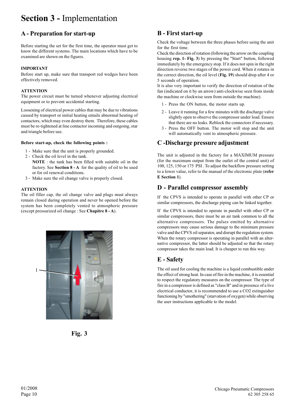 A - preparation for start-up, Fig. 3 b - first start-up, C -discharge pressure adjustment | D - parallel compressor assembly, E - safety | Chicago Pneumatic CPVS 40 User Manual | Page 10 / 24