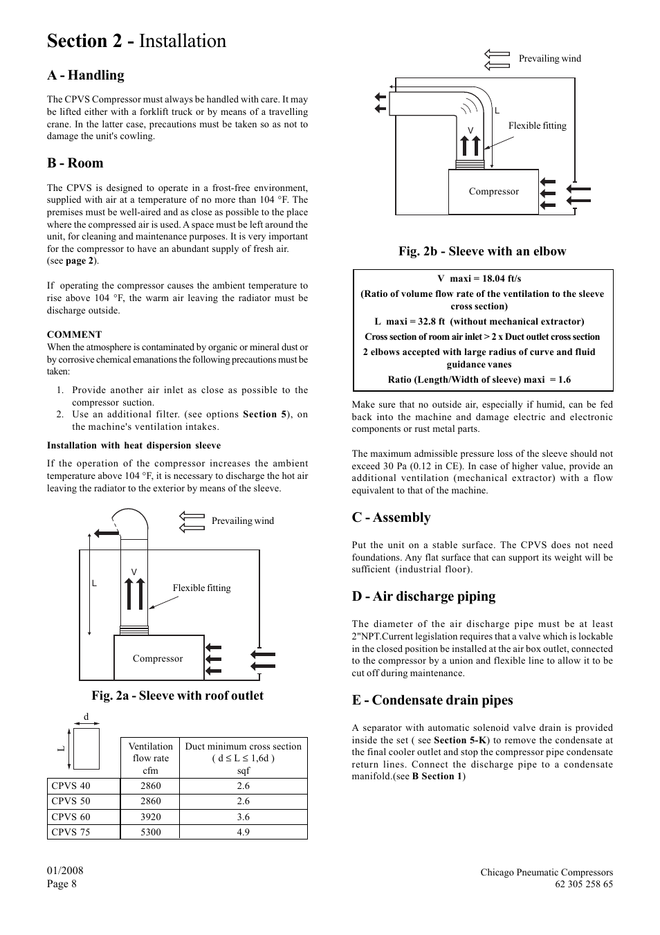 A - handling, B - room, C - assembly | D - air discharge piping, E - condensate drain pipes, Fig. 2a - sleeve with roof outlet, Fig. 2b - sleeve with an elbow | Chicago Pneumatic CPVS 40 User Manual | Page 8 / 24