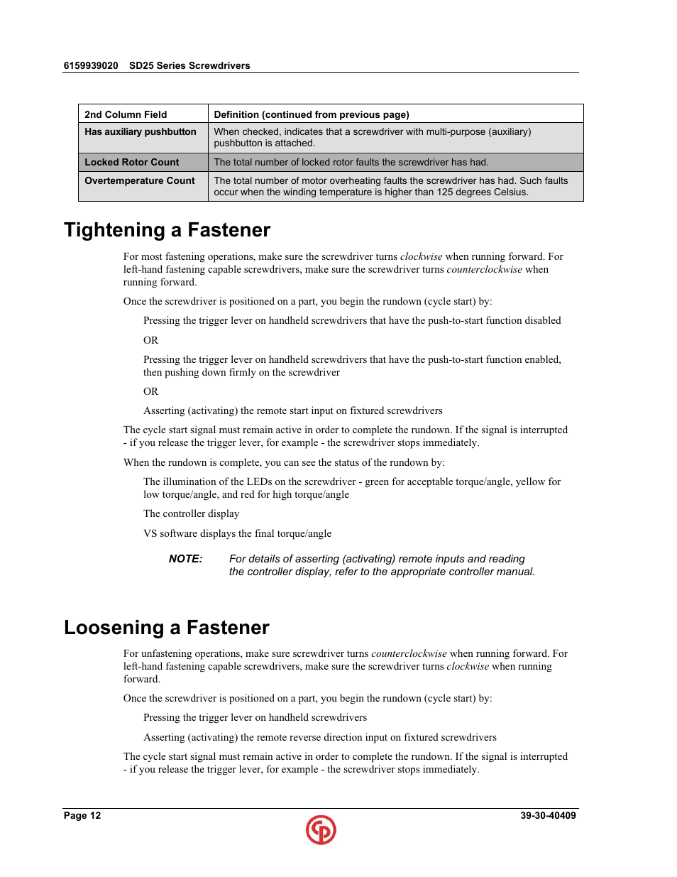 Tightening a fastener, Loosening a fastener | Chicago Pneumatic SD25 User Manual | Page 20 / 36