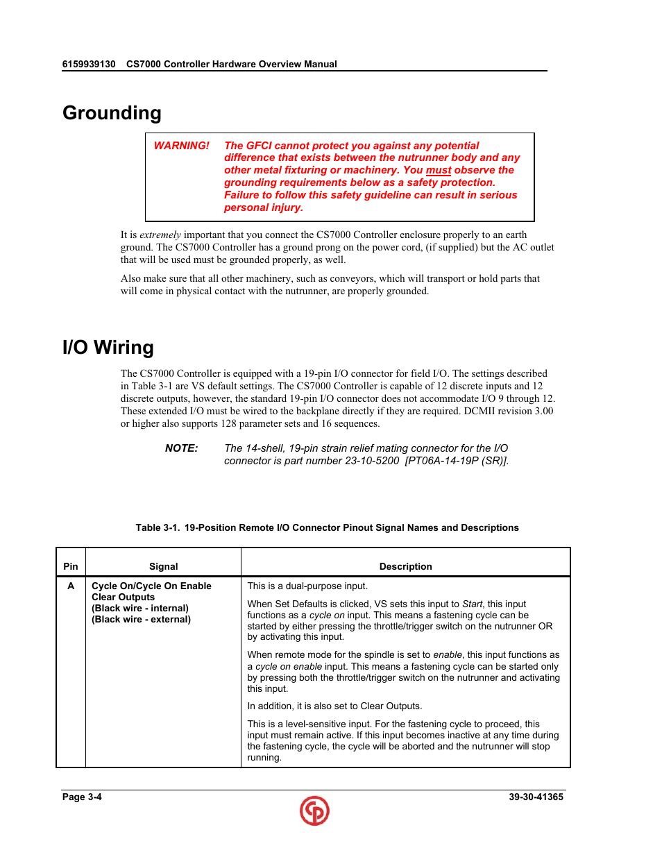 Grounding, I/o wiring | Chicago Pneumatic CS7000 User Manual | Page 34 / 46