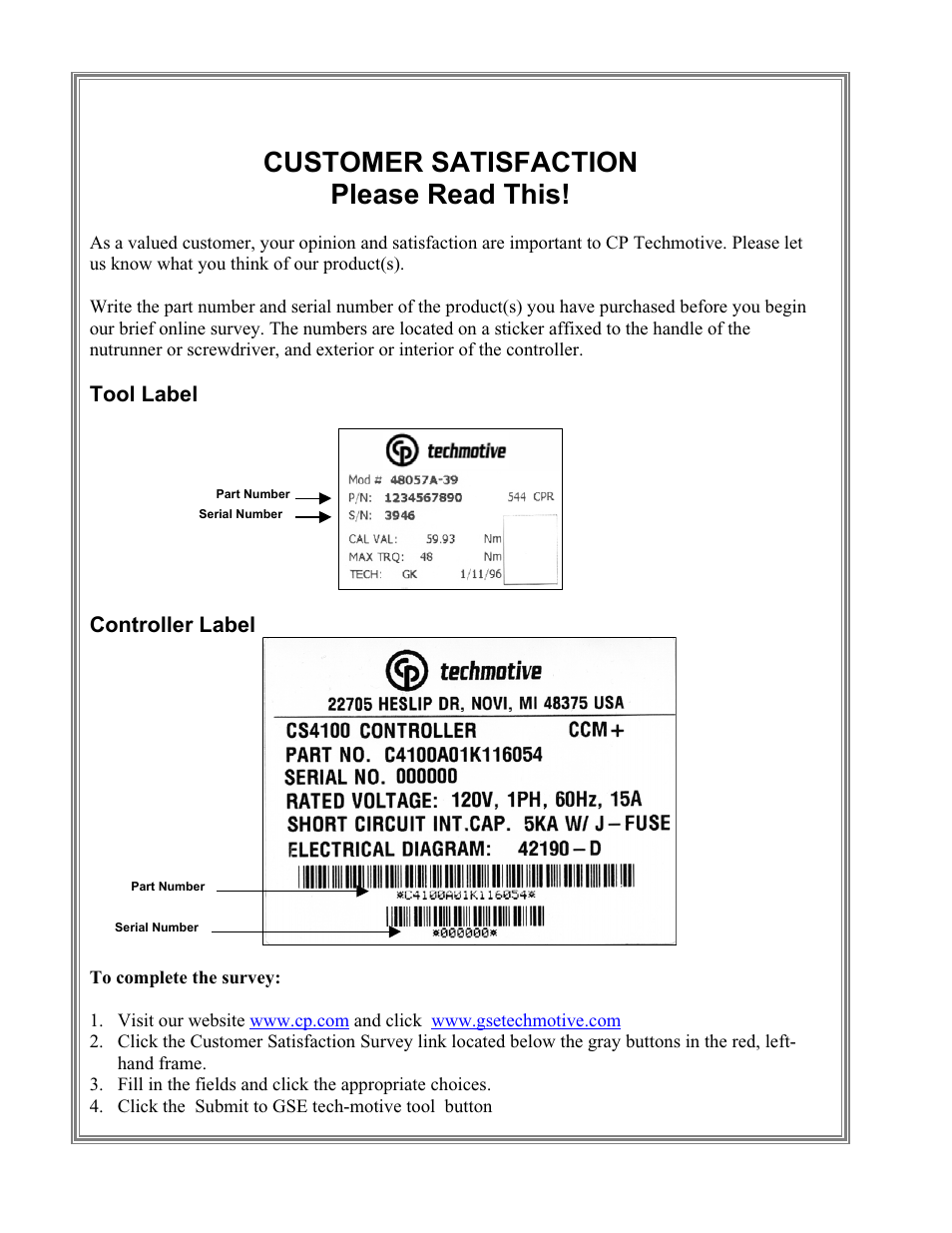 Customer satisfaction please read this, Tool label controller label | Chicago Pneumatic CS7000 User Manual | Page 4 / 46