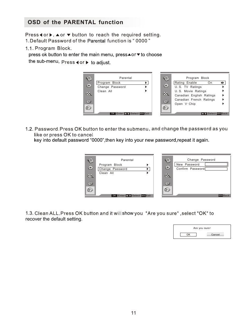 Osd of the parental function, Show recover the default setting | Curtis Computer LCD1701A User Manual | Page 14 / 17