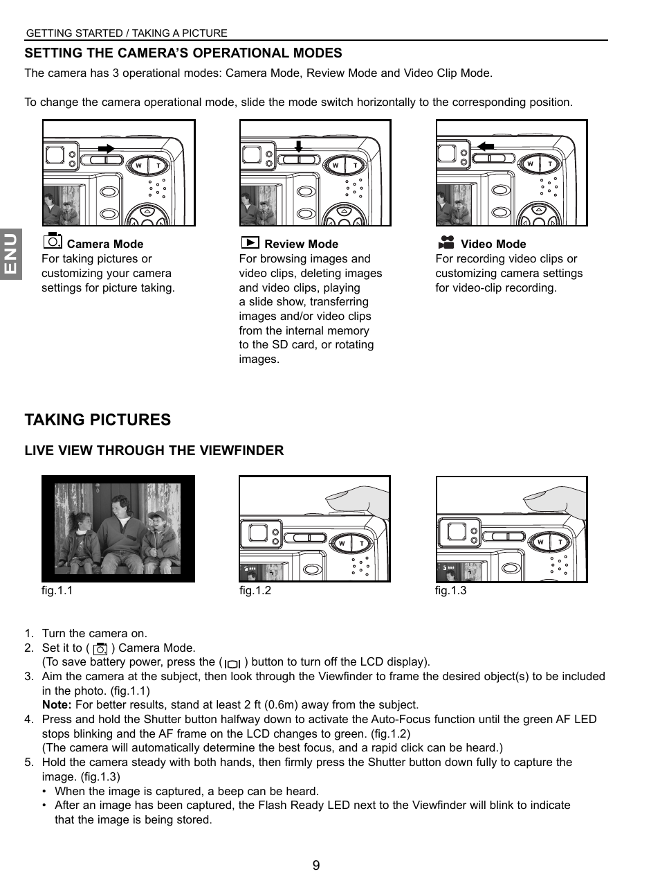 Taking pictures, Setting the camera’s operational modes, Live view through the viewfinder | Getting started / taking a picture | Concord Camera JD C3.1z3 User Manual | Page 10 / 75