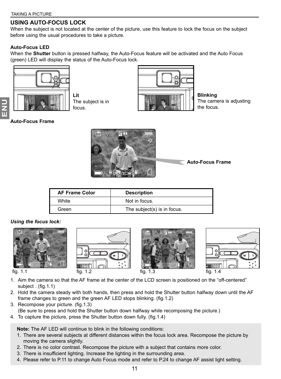 Using auto-focus lock, Fig. 1.1, Auto-focus frame | Taking a picture | Concord Camera JD C3.1z3 User Manual | Page 12 / 75