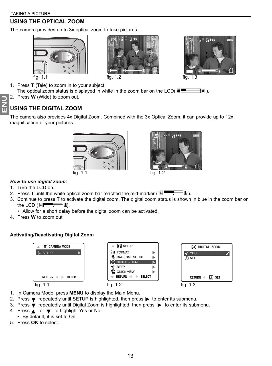 Using the optical zoom, Using the digital zoom, Fig. 1.1 | Fig. 1.2 fig. 1.3, Fig. 1.1 fig. 1.2 | Concord Camera JD C3.1z3 User Manual | Page 14 / 75