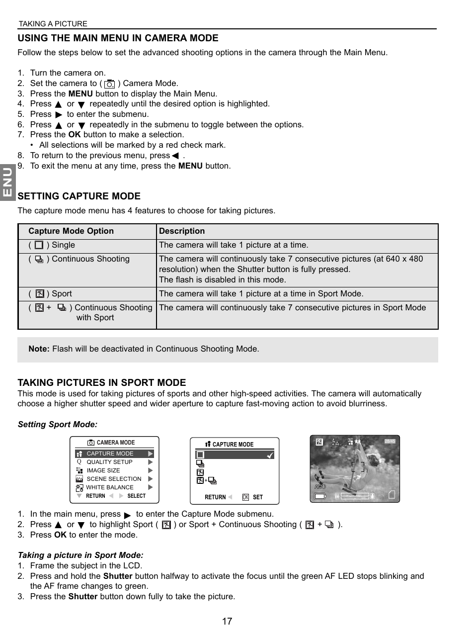 Using the main menu in camera mode, Setting capture mode, Taking pictures in sport mode | Concord Camera JD C3.1z3 User Manual | Page 18 / 75