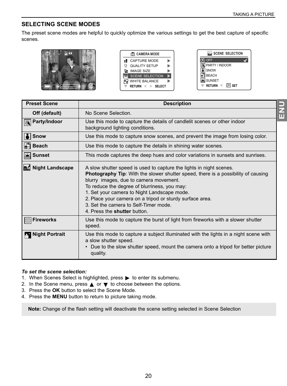 Selecting scene modes | Concord Camera JD C3.1z3 User Manual | Page 21 / 75