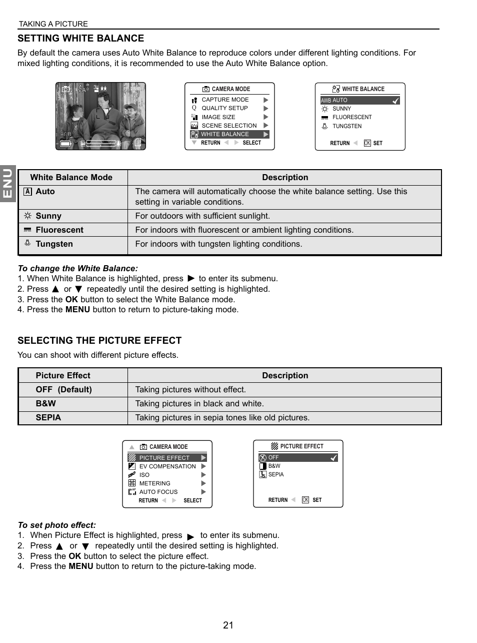 Setting white balance, Selecting the picture effect | Concord Camera JD C3.1z3 User Manual | Page 22 / 75