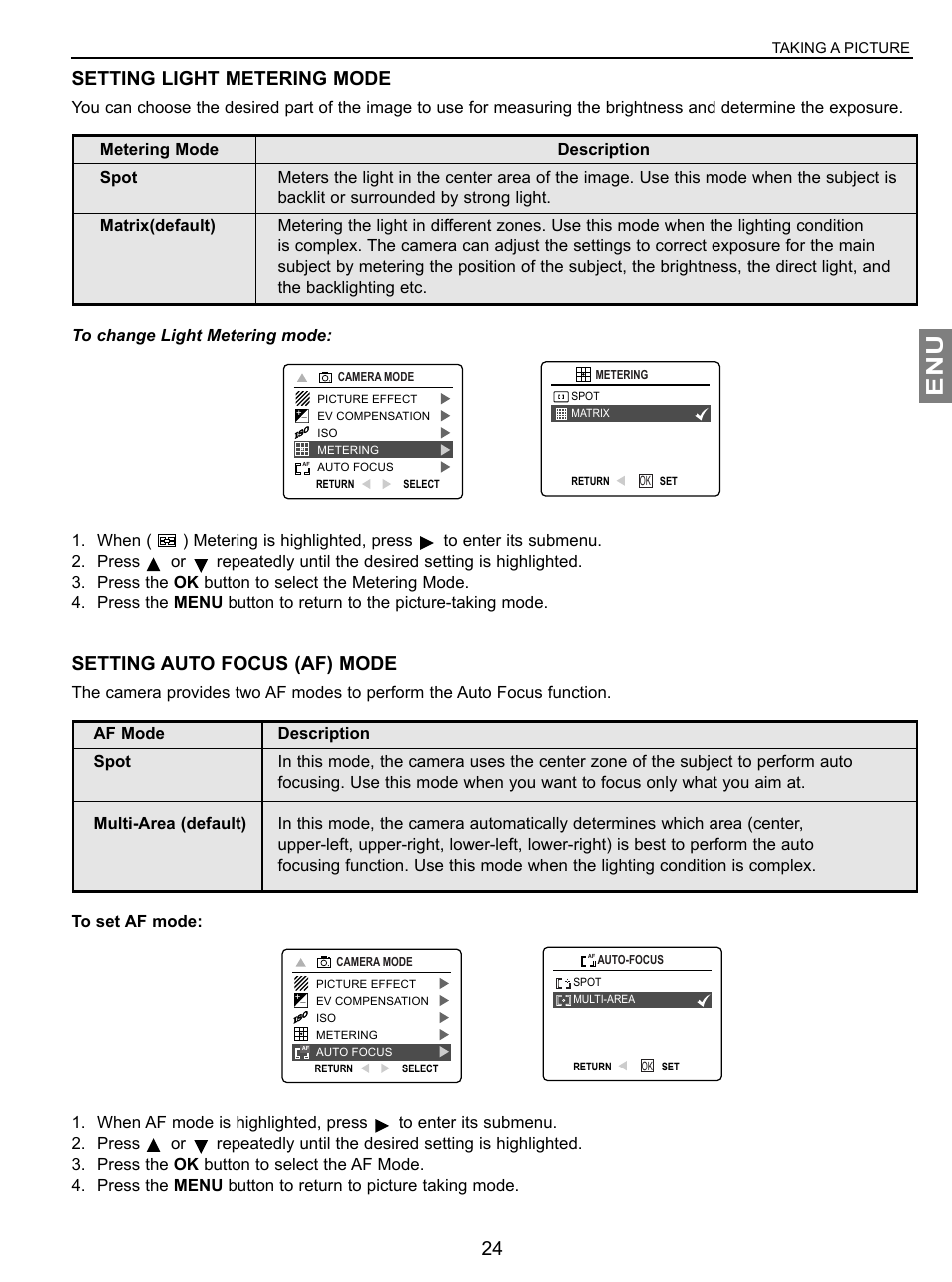 Setting light metering mode, Setting auto focus (af) mode | Concord Camera JD C3.1z3 User Manual | Page 25 / 75