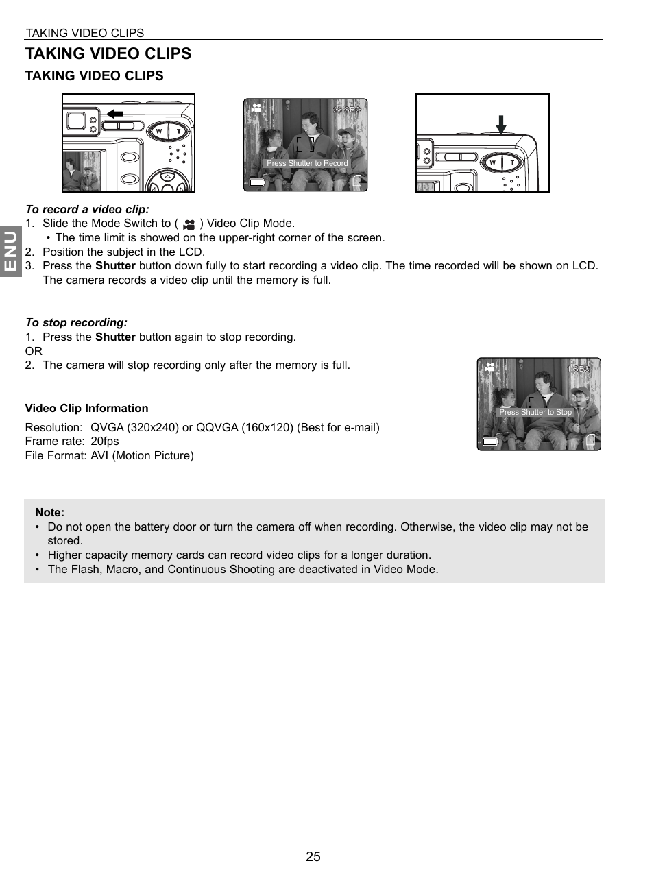 Enu taking video clips, Taking video clips | Concord Camera JD C3.1z3 User Manual | Page 26 / 75