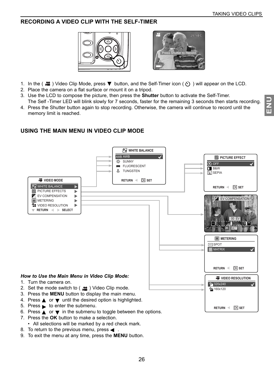 Recording a video clip with the self-timer, Using the main menu in video clip mode, Taking video clips | Concord Camera JD C3.1z3 User Manual | Page 27 / 75