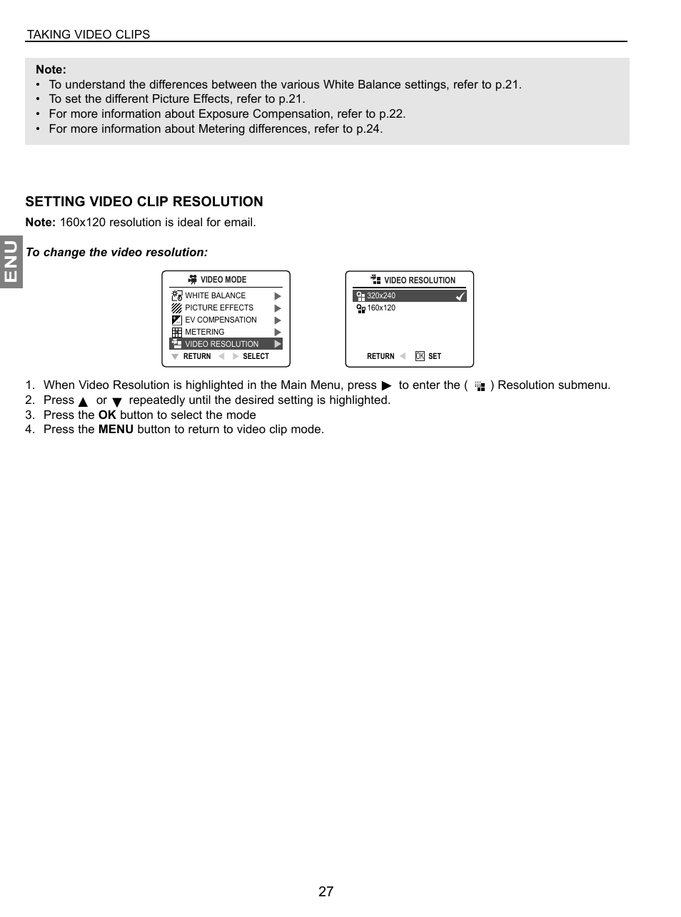 Setting video clip resolution | Concord Camera JD C3.1z3 User Manual | Page 28 / 75