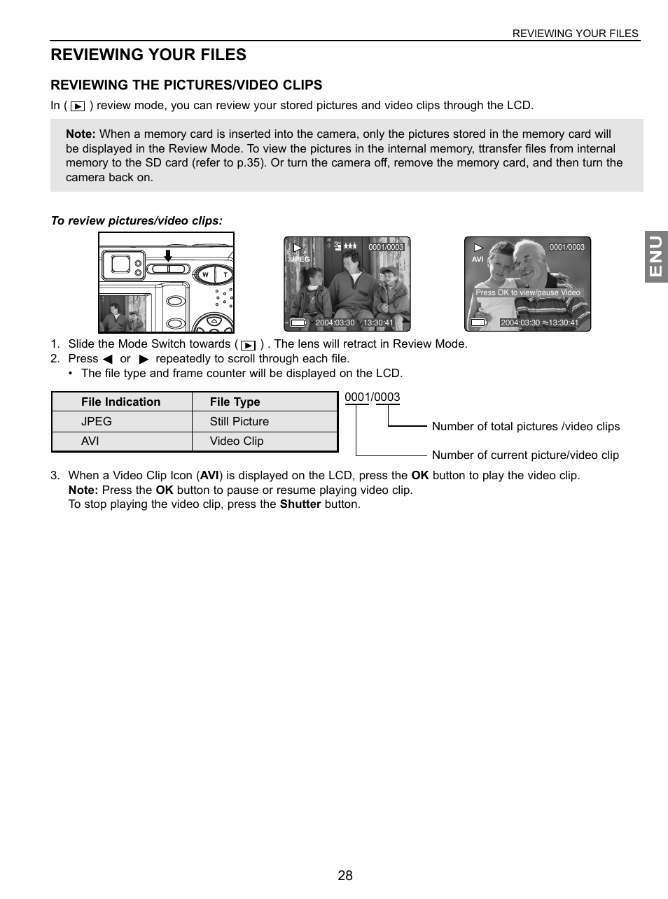 Enu reviewing your files, Reviewing the pictures/video clips | Concord Camera JD C3.1z3 User Manual | Page 29 / 75