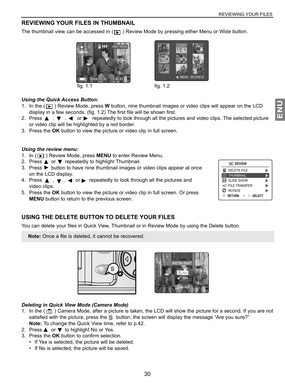 Reviewing your files in thumbnail, Using the delete button to delete your files, Fig. 1.1 fig. 1.2 | Concord Camera JD C3.1z3 User Manual | Page 31 / 75