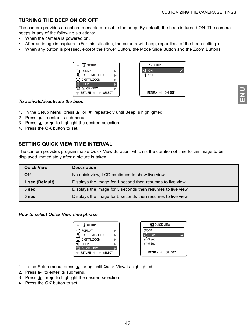 Turning the beep on or off, Setting quick view time interval | Concord Camera JD C3.1z3 User Manual | Page 43 / 75