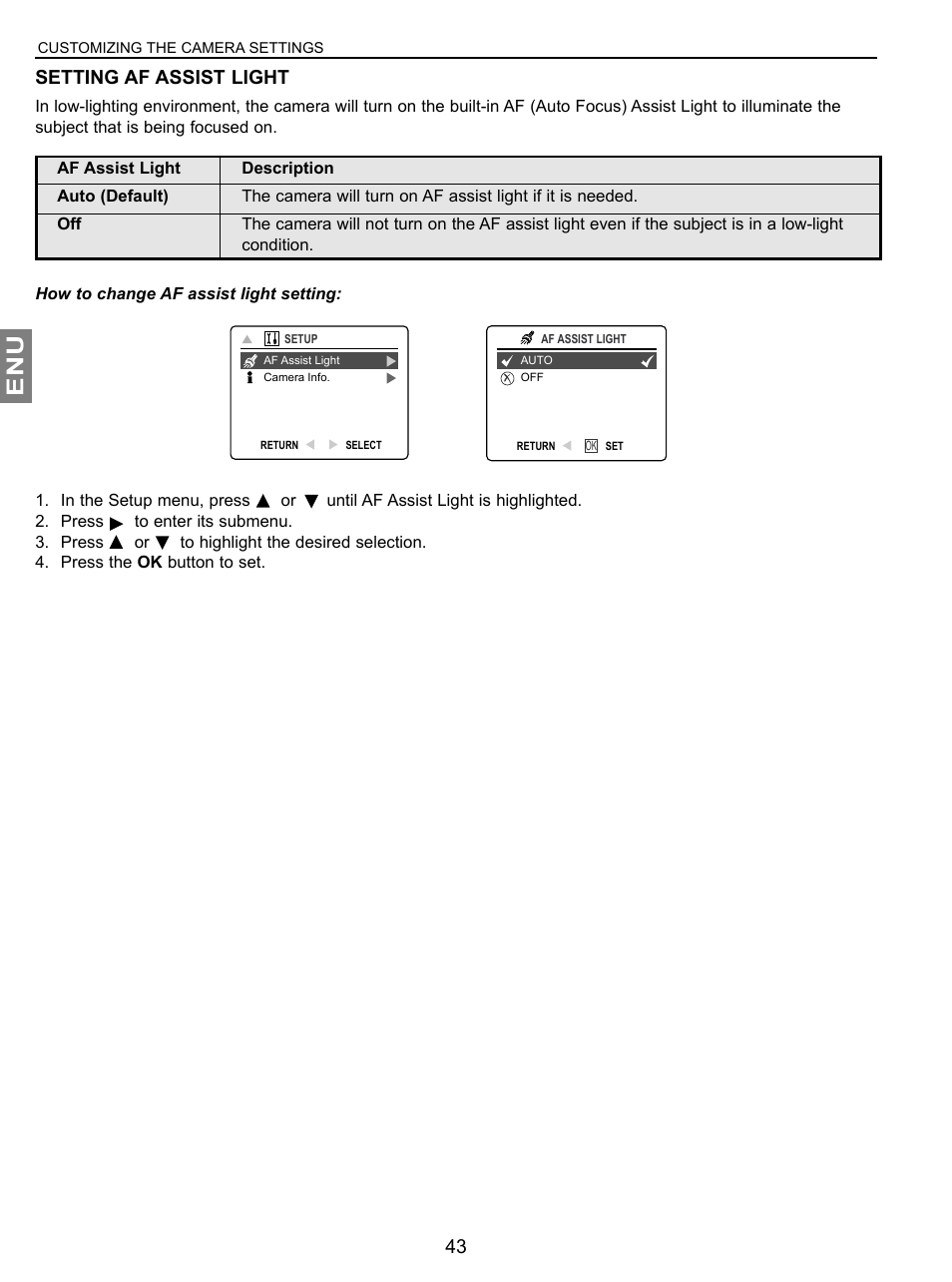 Setting af assist light | Concord Camera JD C3.1z3 User Manual | Page 44 / 75