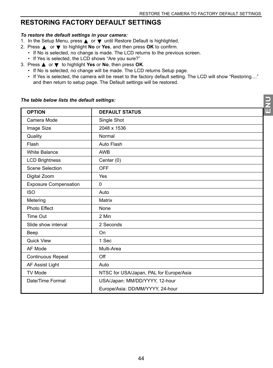 Enu restoring factory default settings | Concord Camera JD C3.1z3 User Manual | Page 45 / 75