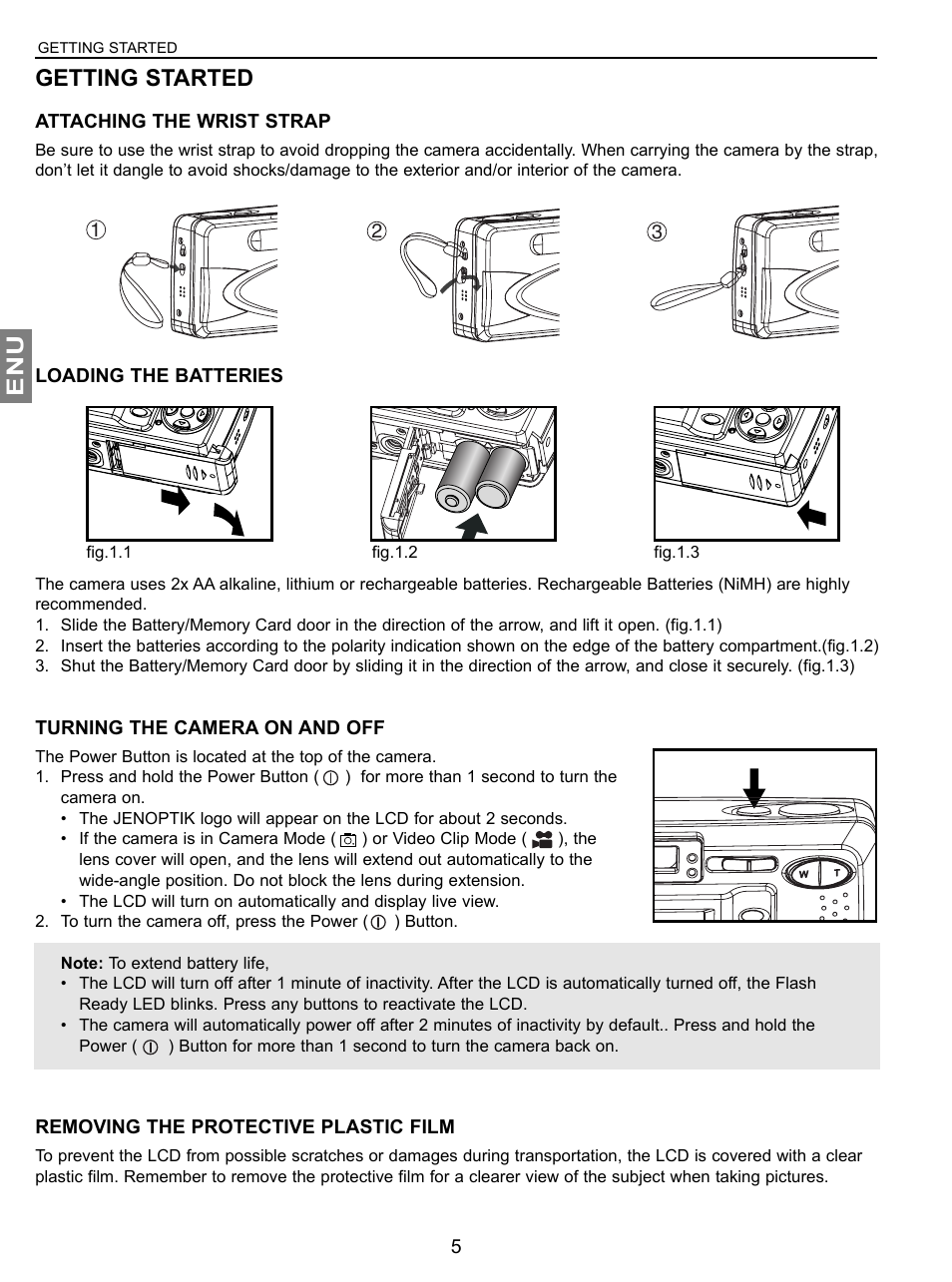 Enu getting started, Attaching the wrist strap, Loading the batteries | Turning the camera on and off, Removing the protective plastic film, Getting started | Concord Camera JD C3.1z3 User Manual | Page 6 / 75