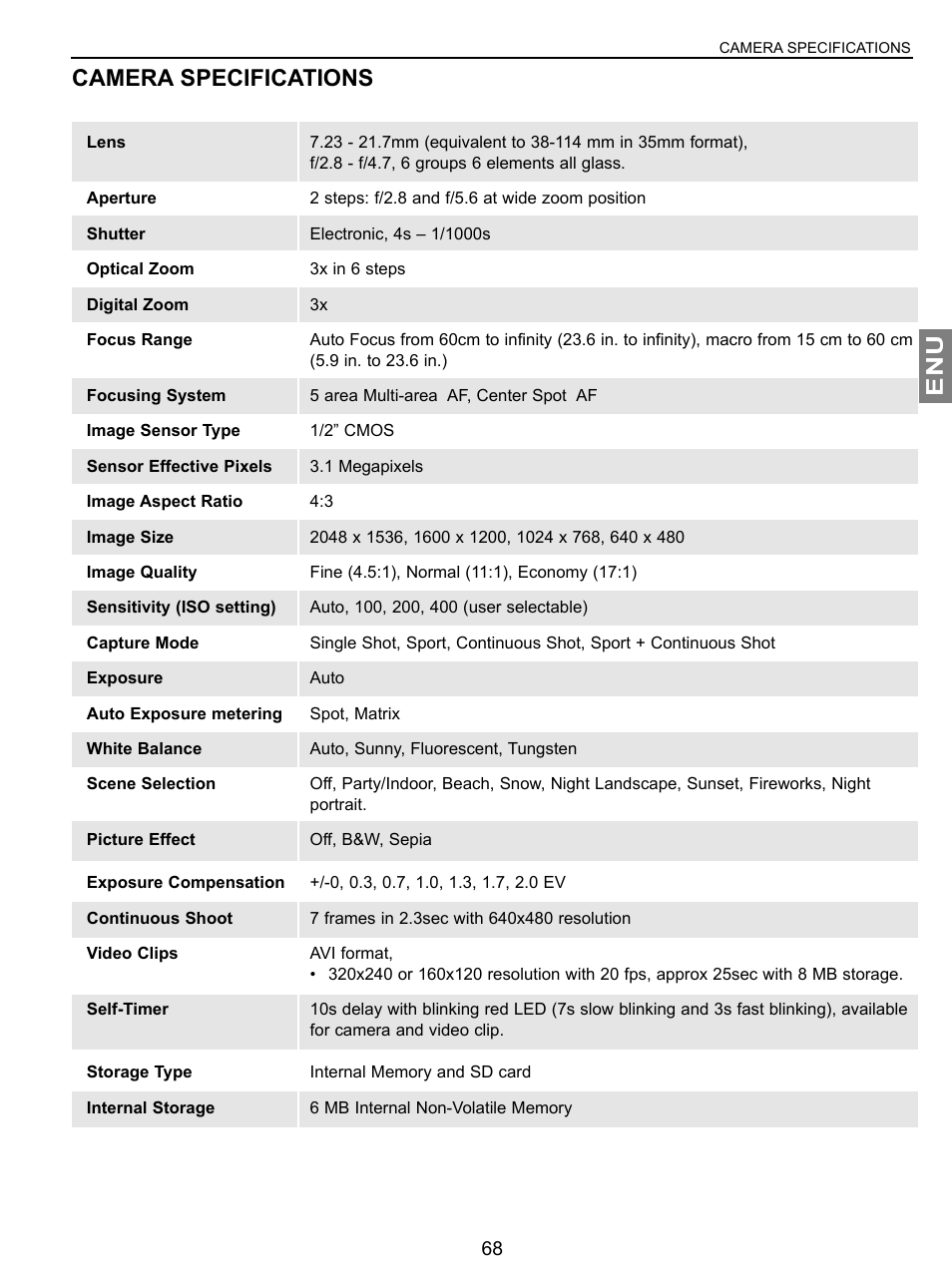 Camera specifications | Concord Camera JD C3.1z3 User Manual | Page 69 / 75