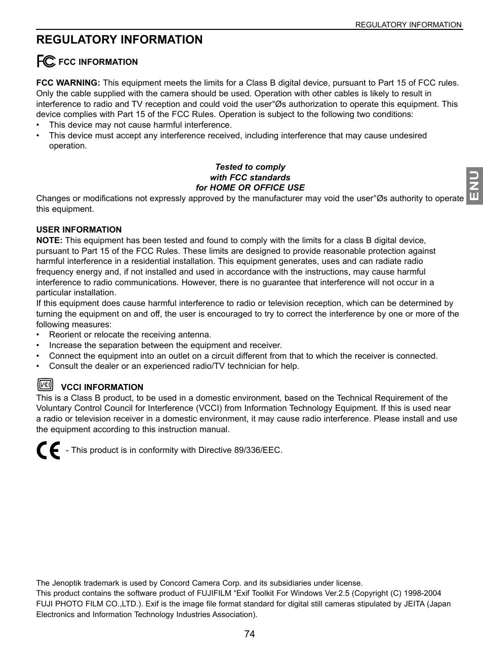 Enu regulatory information | Concord Camera JD C3.1z3 User Manual | Page 75 / 75