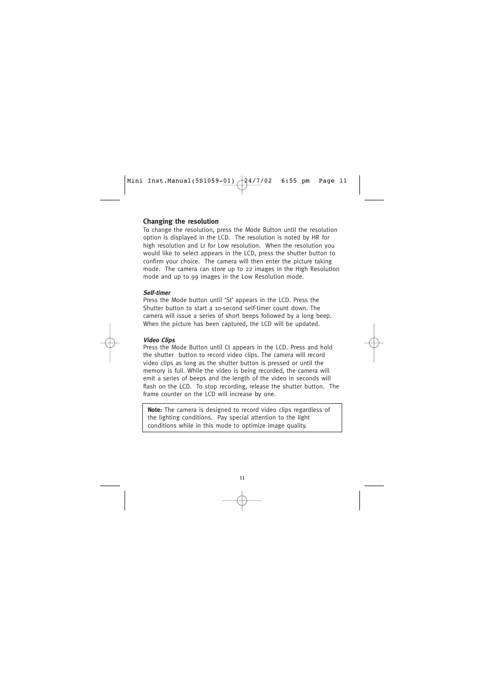 Changing the resolution, Self-timer, Video clips | Concord Camera Eye-Q Mini User Manual | Page 12 / 24