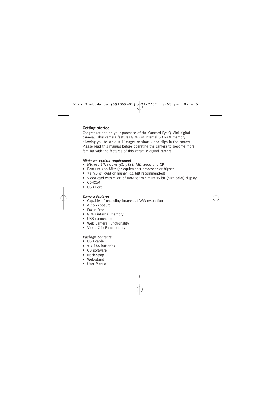 Getting started | Concord Camera Eye-Q Mini User Manual | Page 6 / 24