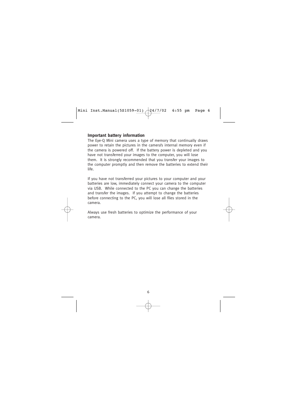 Important battery information | Concord Camera Eye-Q Mini User Manual | Page 7 / 24