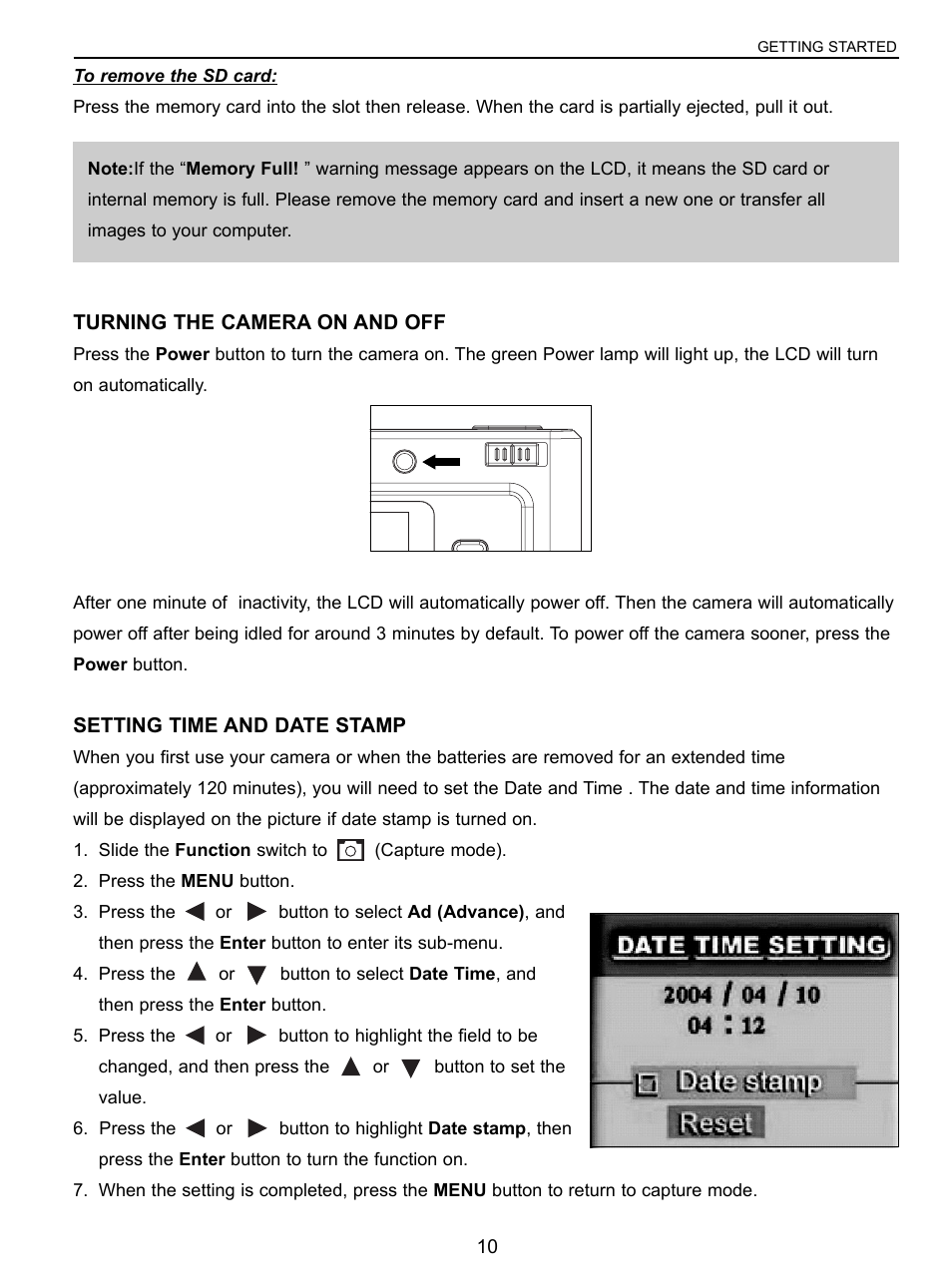 Turning the camera on and off, Setting the date, time and date stamp | Concord Camera 3043 User Manual | Page 11 / 50