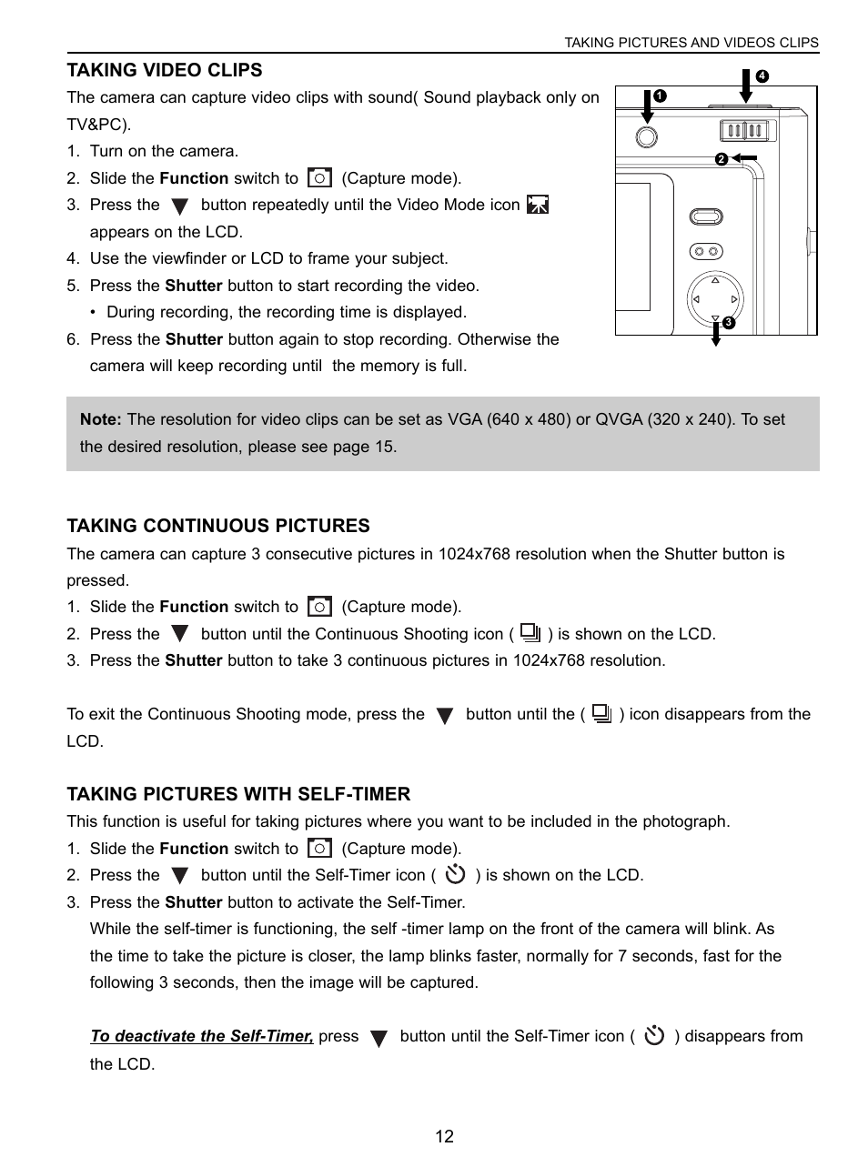 Taking video clips, Taking continuous pictures, Taking pictures with self-timer | Concord Camera 3043 User Manual | Page 13 / 50