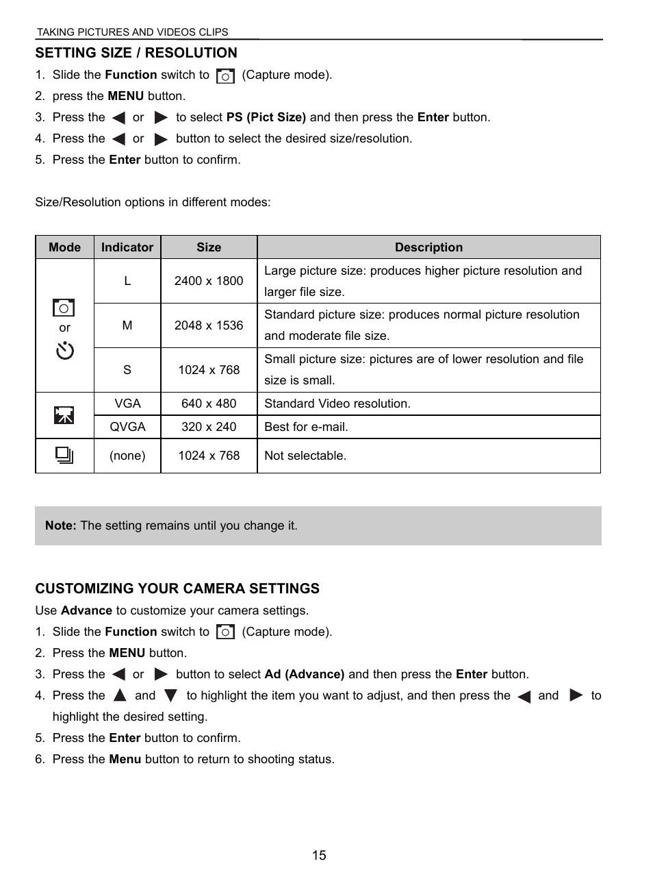 Setting size/resolution, Customizing your camera settings | Concord Camera 3043 User Manual | Page 16 / 50