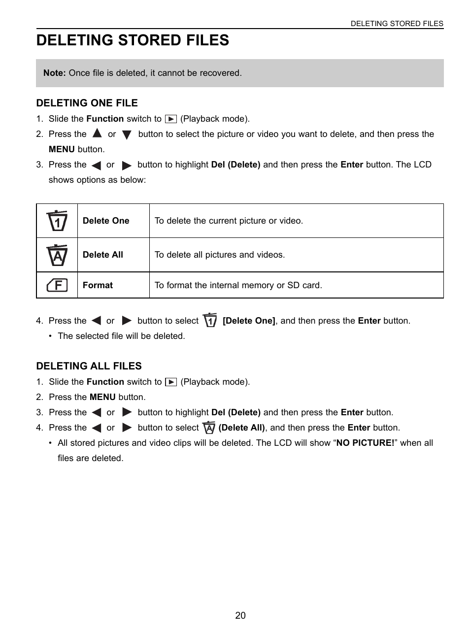 Deleting stored files, Deleting one, Deleting all | Concord Camera 3043 User Manual | Page 21 / 50
