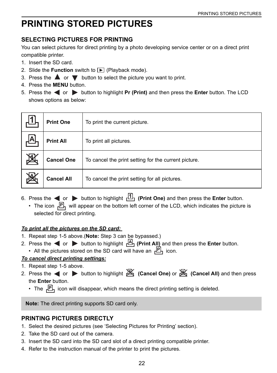 Printing stored pictures, Selecting pictures for printing, Printing pictures directly | Concord Camera 3043 User Manual | Page 23 / 50